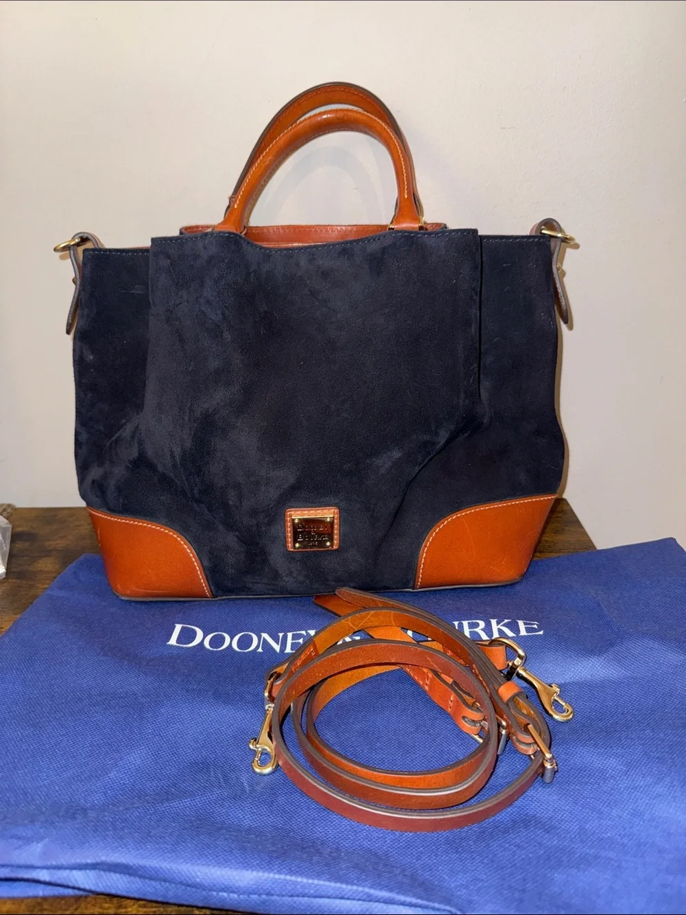 Dooney & Bourke Black Suede Satchel with Brown Leather Trim